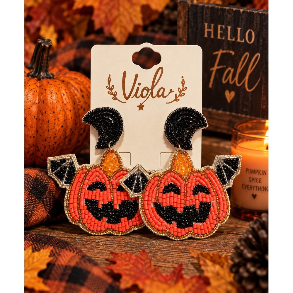 Halloween Pumpkin Bat Seed Bead Earrings Jack O Lantern Beaded Statement Earring
